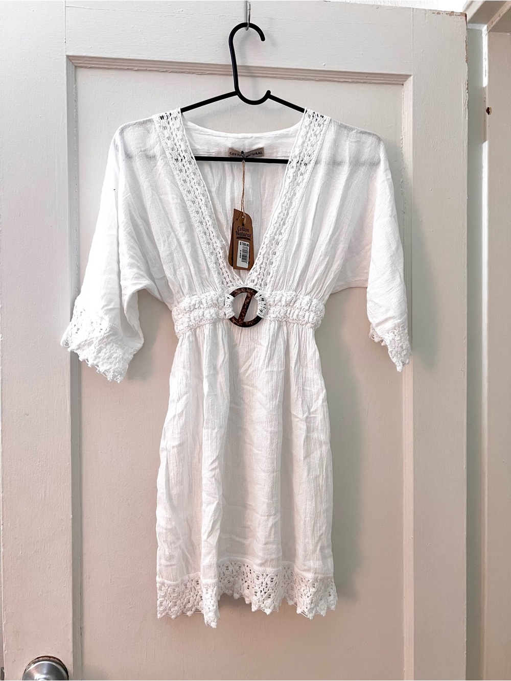 Cotton Natural boho Cotton Mini Dress cover up in White size M